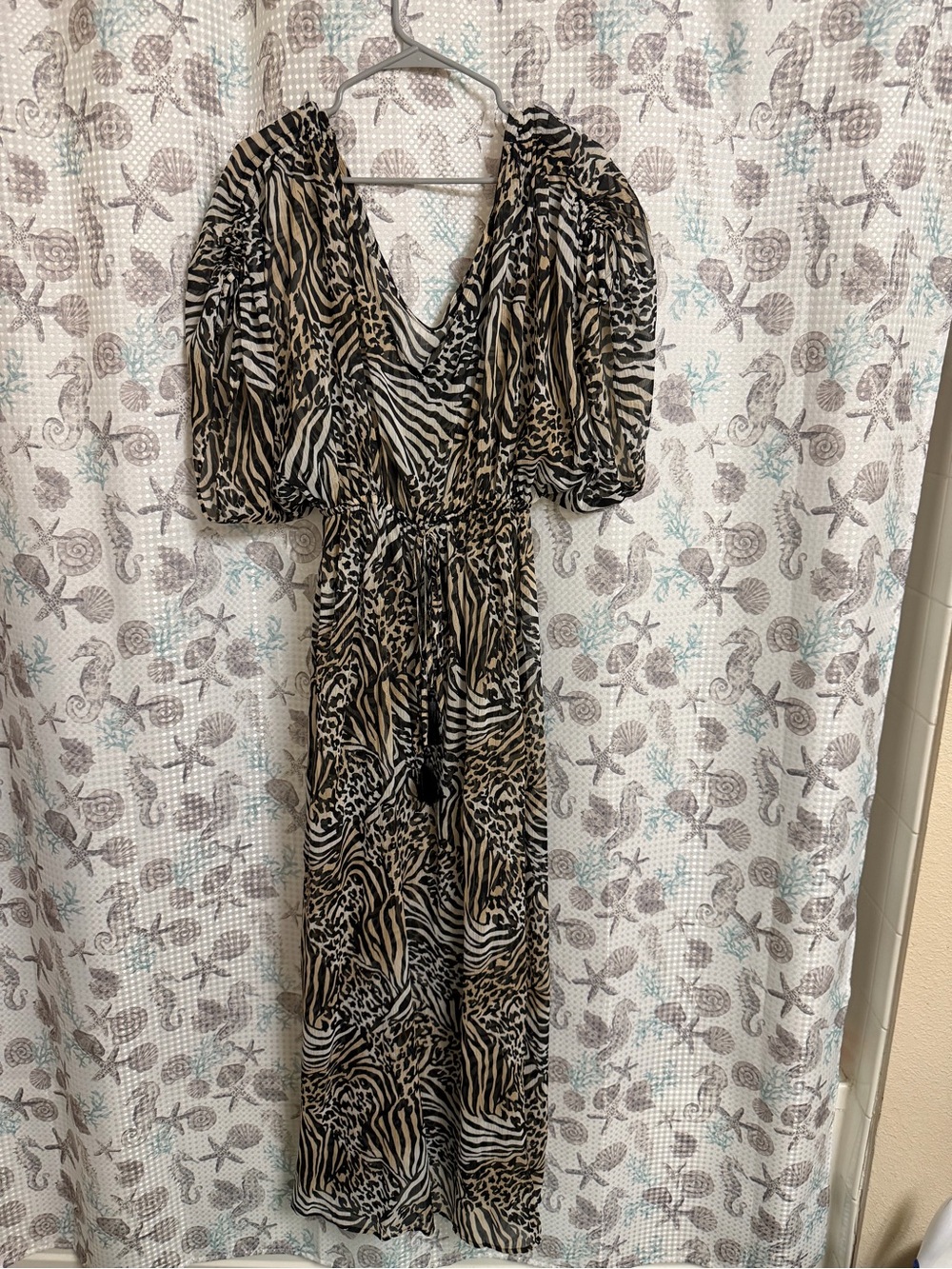 Express Rachel Zoe Women’s Animal Print V-Neck Sheer Maxi Dress in Black and Tan